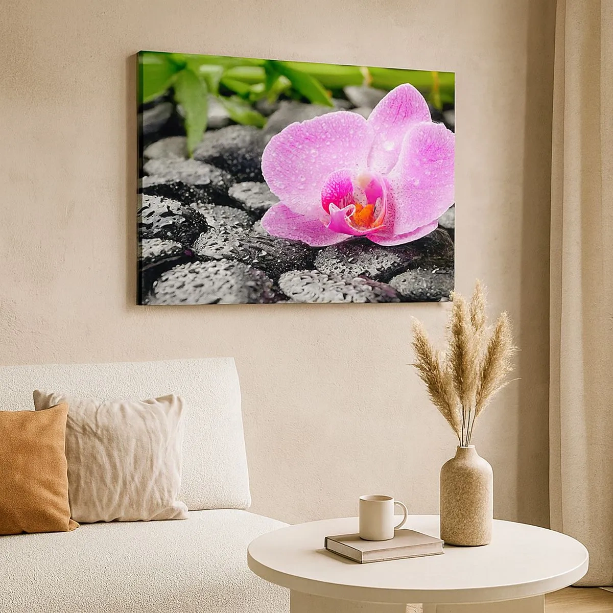 Quadro em tela - Orquídea rosa em pedras pretas molhadas com folhas verdes - 70x50cm - Como um coração aberto - Decoração de parede moderna para a sala de estar e quarto ARTTOR