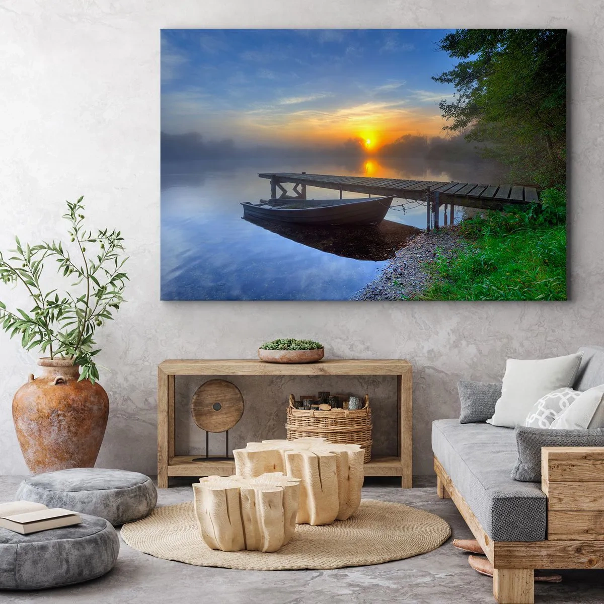 Quadro em tela - Um cais à beira do lago ao nascer do sol com um barco na costa - 70x50cm - Como o comum se transforma em mágico - Decoração de parede moderna para a sala de estar e quarto ARTTOR