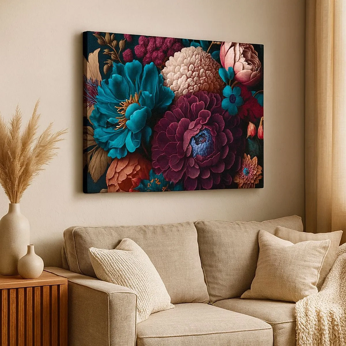 Quadro em tela - Um buquê de flores em cores intensas sobre um fundo escuro - 70x50cm - Natureza em abundância - Decoração de parede moderna para a sala de estar e quarto ARTTOR