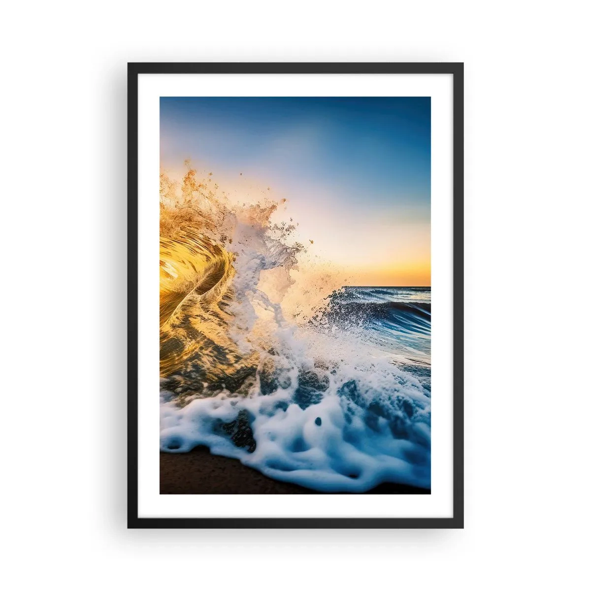 Pôster com moldura preta - Uma onda dinâmica do mar quebrando na costa ao pôr do sol - 50x70cm - Diversão na areia - Decoração de parede moderna para a sala de estar e quarto ARTTOR