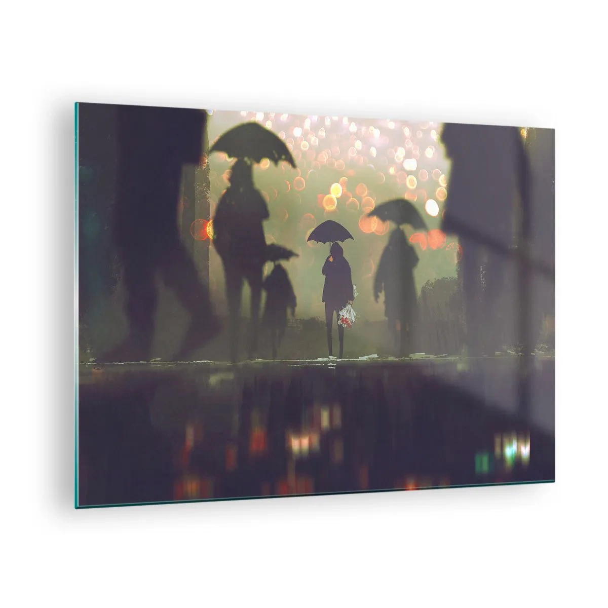 Quadro em vidro - Figuras com guarda-chuvas na chuva tendo como pano de fundo as luzes da cidade - 70x50cm - Da perspectiva de uma gota de chuva - Decoração de parede moderna para a sala de estar e quarto ARTTOR