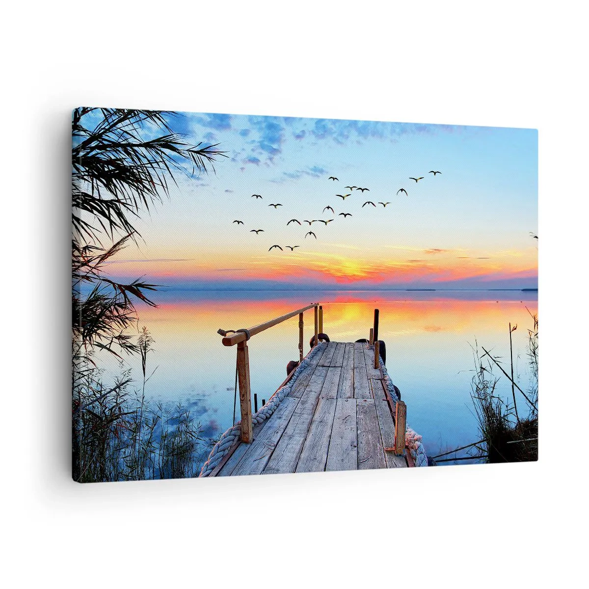 Quadro em tela - Cais de madeira sobre o lago ao pôr do sol - 70x50cm - É hora de voltar... - Decoração de parede moderna para a sala de estar e quarto ARTTOR
