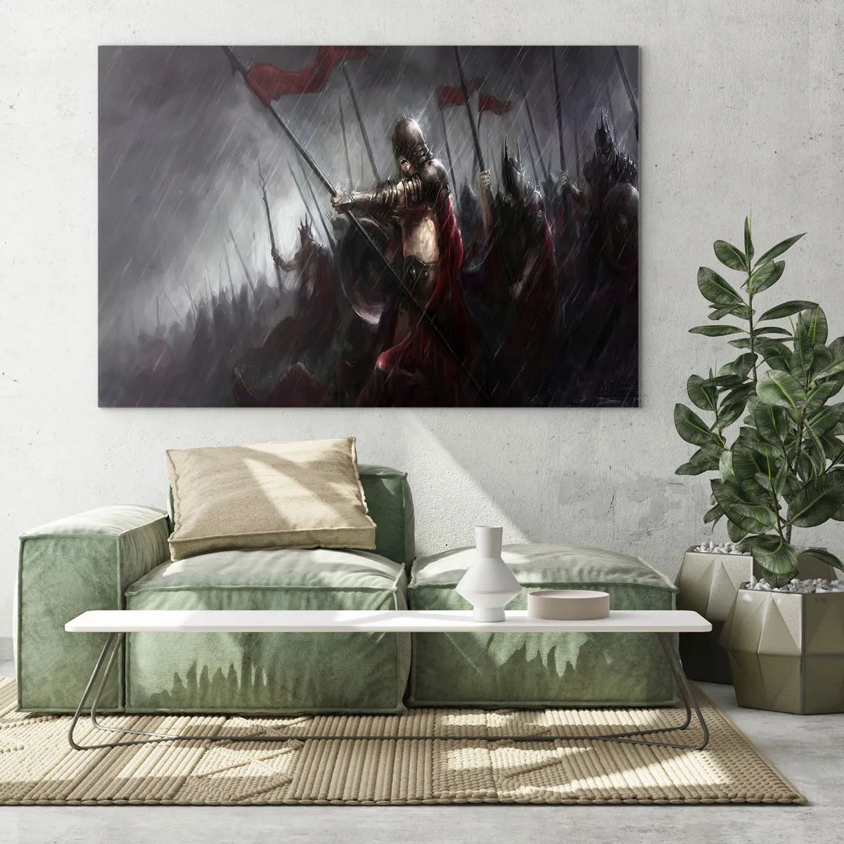 Quadro em vidro - Cavaleiros na chuva no campo de batalha com equipamento completo - 70x50cm - Viajante, vá e diga a Esparta... - Decoração de parede moderna para a sala de estar e quarto ARTTOR