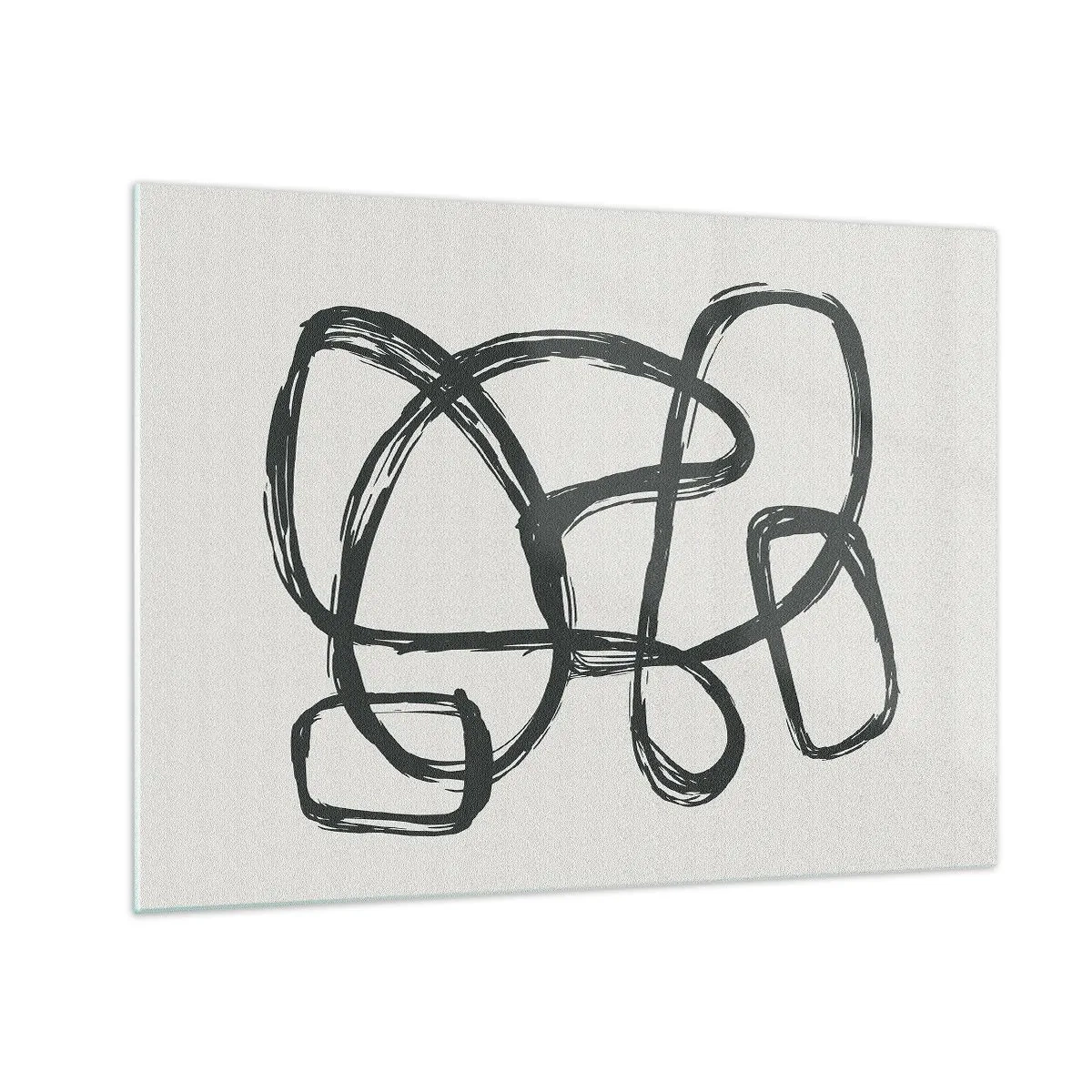 Quadro em vidro - Laços e linhas pretas formam uma composição abstrata sobre um fundo branco. - 70x50cm - Abstração em loop - Decoração de parede moderna para a sala de estar e quarto ARTTOR