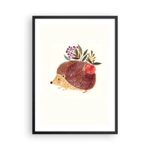 Pôster com moldura preta - Um ouriço fofo com uma maçã e galhos em um fundo claro - 50x70cm - Já gostas de mim - Decoração de parede moderna para a sala de estar e quarto ARTTOR