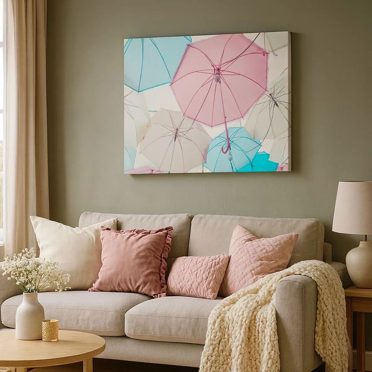 Quadro em tela - Guarda-chuvas em tons pastéis contra um céu claro - 70x50cm - Às vezes sol, às vezes chuva - Decoração de parede moderna para a sala de estar e quarto ARTTOR