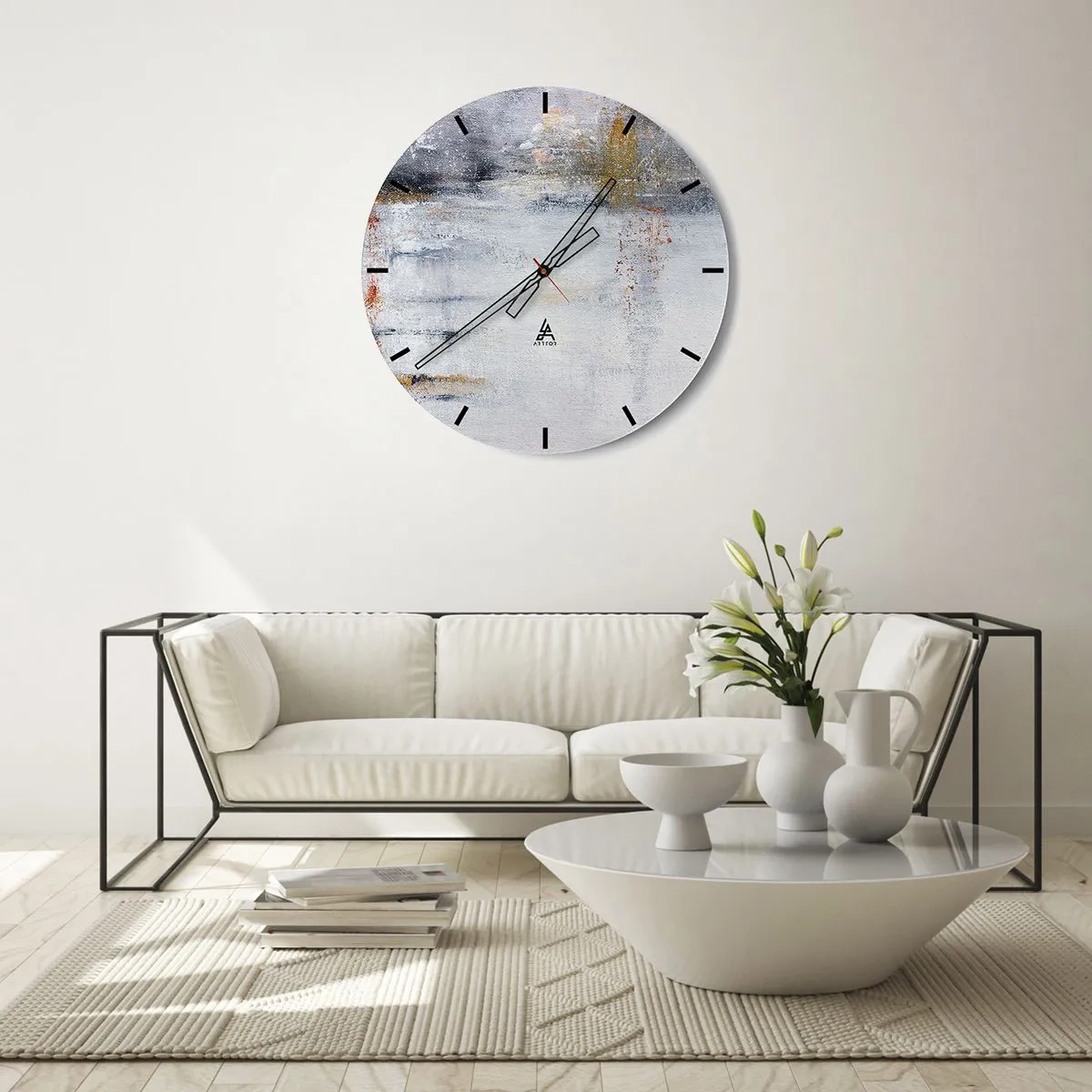 Relógio de parede - Relógio em vidro - Uma composição abstrata em tons de cinza e dourado. - 30x30cm - Atrás da cortina de ar - Decoração de parede moderna para a sala de estar, cozinha e quarto ARTTOR
