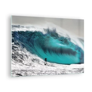 Quadro em vidro - Um surfista em frente a uma onda enorme - 70x50cm - Desafio aceite - Decoração de parede moderna para a sala de estar e quarto ARTTOR