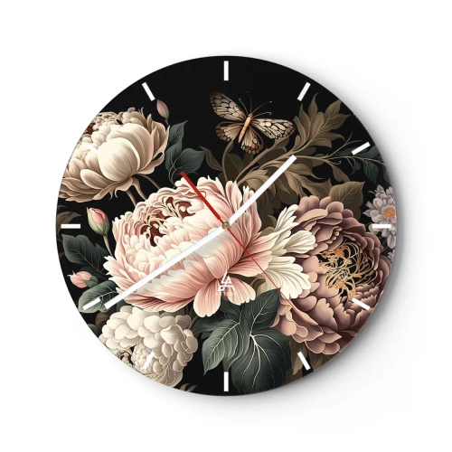 Relógio de parede - Relógio em vidro - Peônias rosas e uma borboleta em um fundo preto em um estilo clássico - 30x30cm - Em estilo barroco - Decoração de parede moderna para a sala de estar, cozinha e quarto ARTTOR