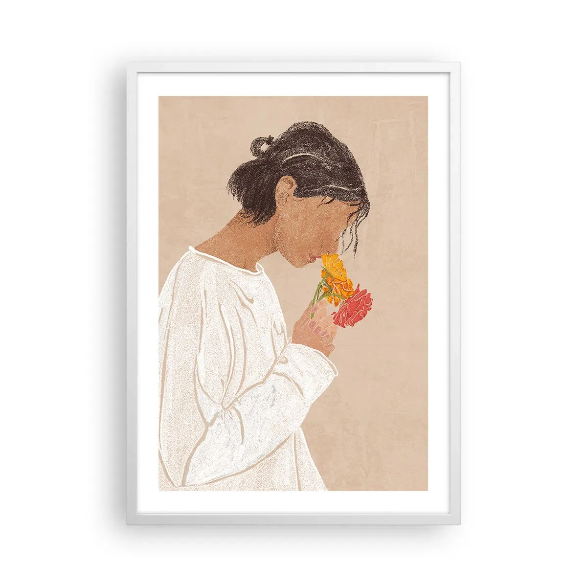 Pôster em moldura branca - Menina e flores - 50x70 cm