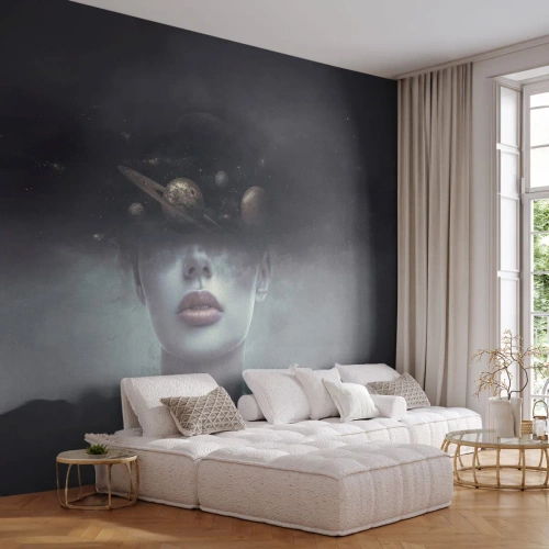 Papel de Parede Autocolante Deluxe Sticker - E os planetas estão a enlouquecer... - Abstração, Rosto de Mulher, Cosmos - 100x70 cm