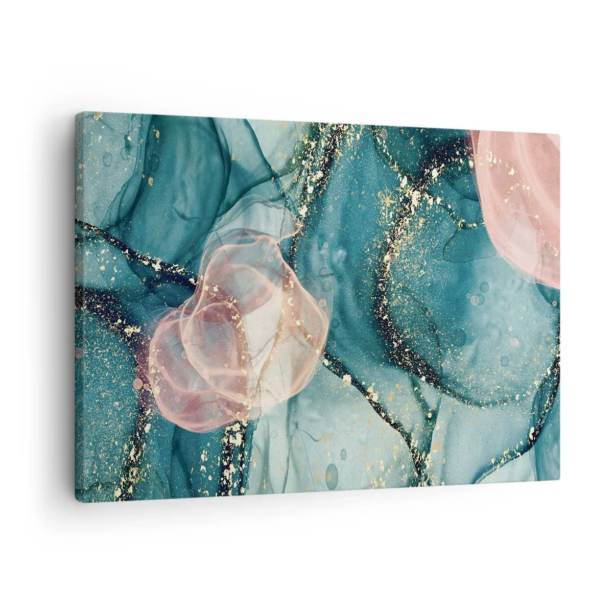 Quadro em tela - Uma composição abstrata em tons de turquesa e dourado. - 70x50cm - Azul seda, rosa tule - Decoração de parede moderna para a sala de estar e quarto ARTTOR
