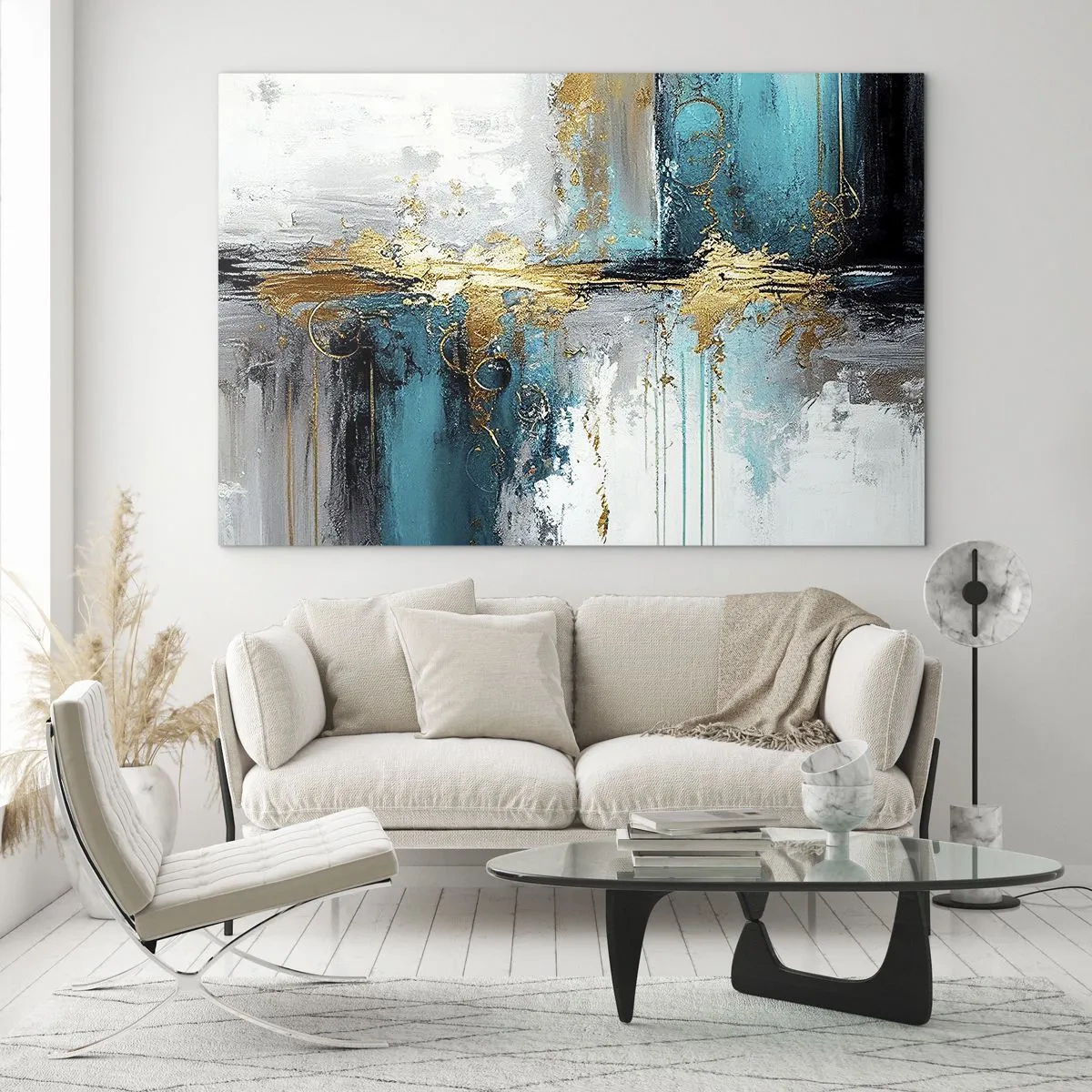 Quadro em vidro - Abstração com turquesa e dourado sobre fundo branco - 70x50cm - Tudo flui - Decoração de parede moderna para a sala de estar e quarto ARTTOR