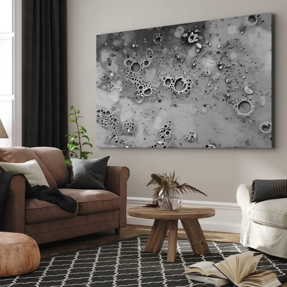 Quadro em tela - Padrão abstrato de bolhas em preto e branco - 70x50cm - Como uma paisagem lunar - Decoração de parede moderna para a sala de estar e quarto ARTTOR