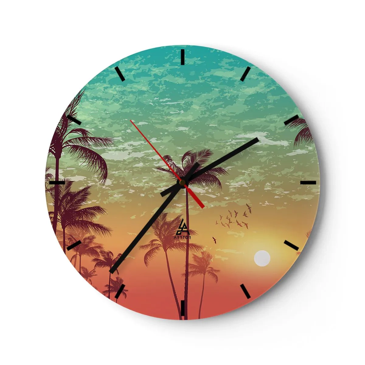 Relógio de parede - Relógio em vidro - Palmeiras contra o céu em tons de pôr do sol - 30x30cm - Climas tropicais - Decoração de parede moderna para a sala de estar, cozinha e quarto ARTTOR