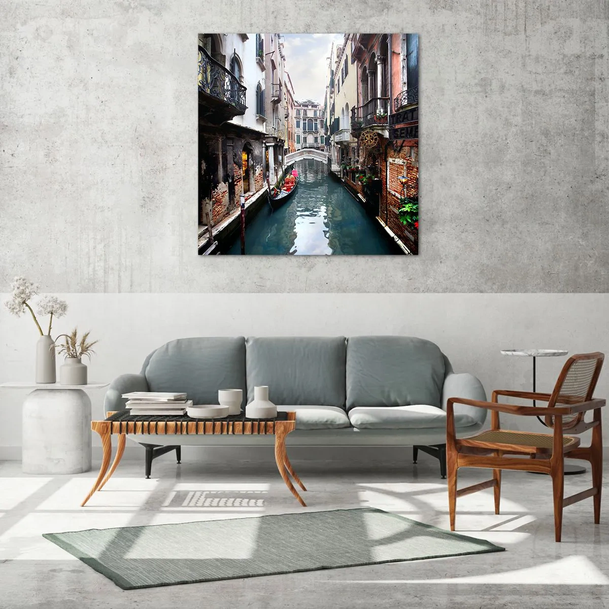 Quadro em vidro - Paisagem veneziana com gôndola e ponte - 30x30 cm