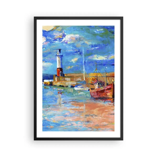 Pôster com moldura preta - Um porto pitoresco com um farol e barcos atracados - 50x70cm - Tarde na baía do arco-íris - Decoração de parede moderna para a sala de estar e quarto ARTTOR