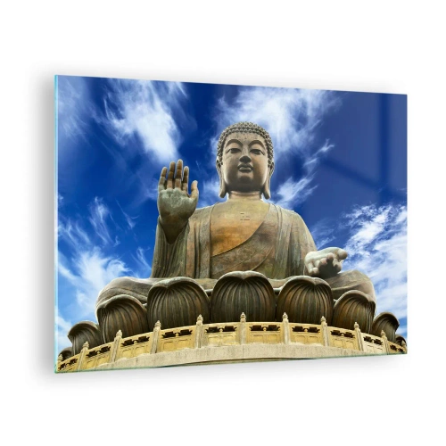 Quadro em vidro - Uma grande estátua de Buda contra um céu azul - 70x50cm - Viva sem medo - Decoração de parede moderna para a sala de estar e quarto ARTTOR