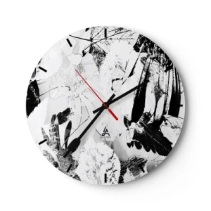 Relógio de parede - Relógio em vidro - Padrão floral e de folhas em preto e branco em estilo artístico - 30x30cm - Outono a preto e branco - Decoração de parede moderna para a sala de estar, cozinha e quarto ARTTOR