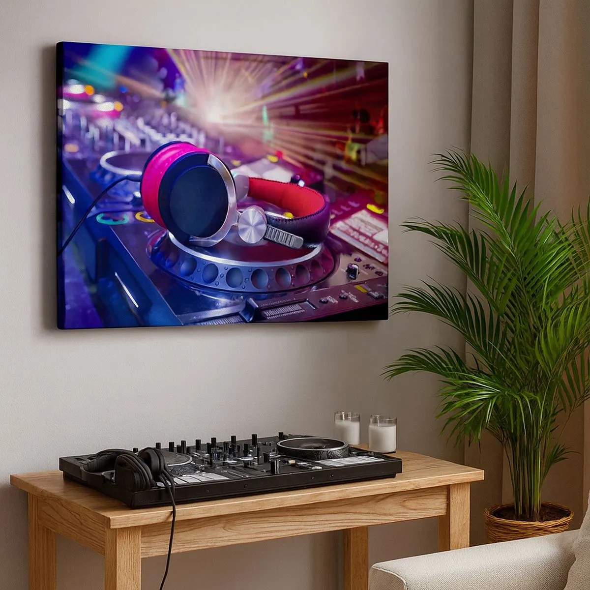 Quadro em tela - Fones de ouvido de DJ em um console iluminado por holofotes em uma festa - 70x50cm - Vai ser uma loucura - Decoração de parede moderna para a sala de estar e quarto ARTTOR