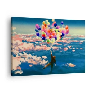Quadro em tela - Uma figura flutuando acima das nuvens com balões coloridos - 70x50cm - Um sonho de infância tornado realidade - Decoração de parede moderna para a sala de estar e quarto ARTTOR
