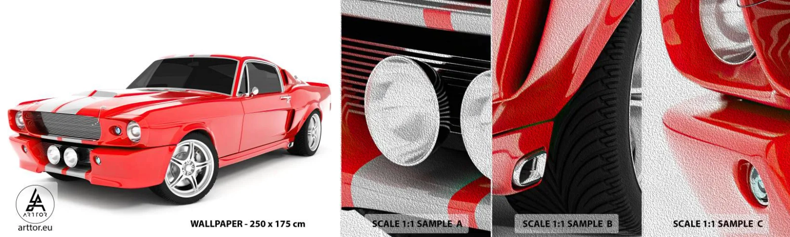 Amostra de papel de parede Premium Sand - Mustang rápido como o vento - Automotivo, Carro antigo, Carro Mustang 1967 - 100x30 cm