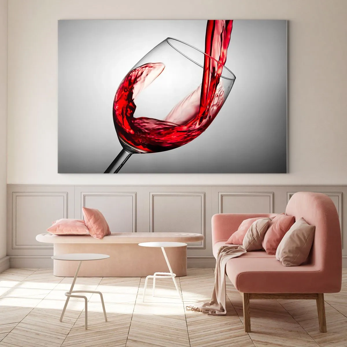 Quadro em vidro - Vinho tinto sendo servido em uma taça sobre um fundo claro - 70x50cm - Cor - movimento - som - Decoração de parede moderna para a sala de estar e quarto ARTTOR