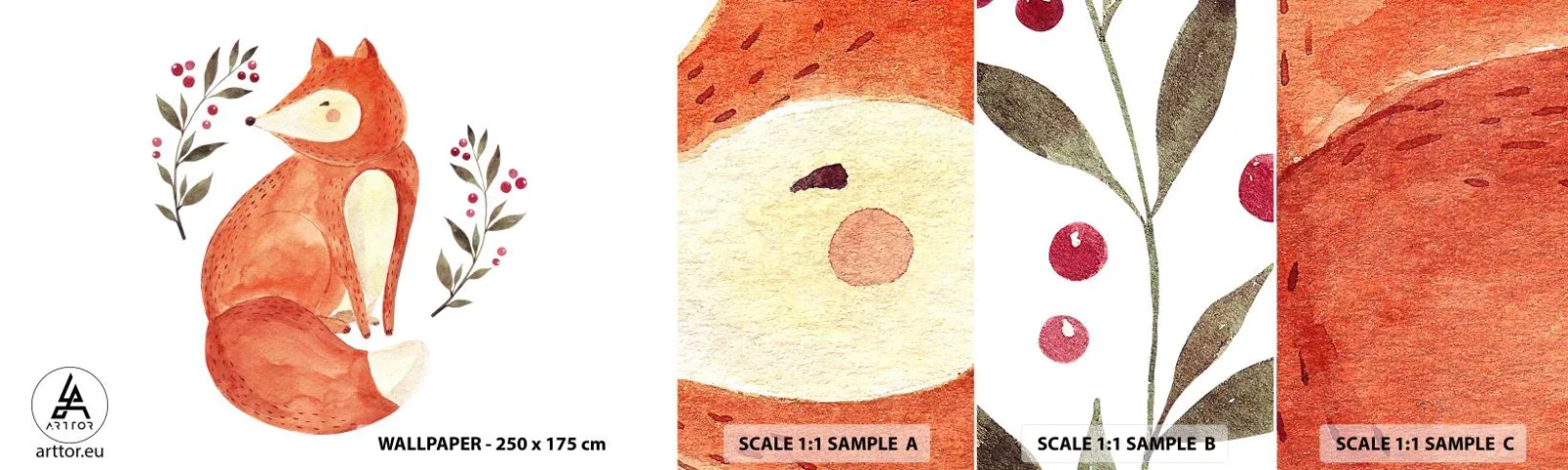 Amostra de Papel de Parede Standard Eco - Pequeno ruivo - Para crianças, Raposa, Conto de fadas - 100x30 cm