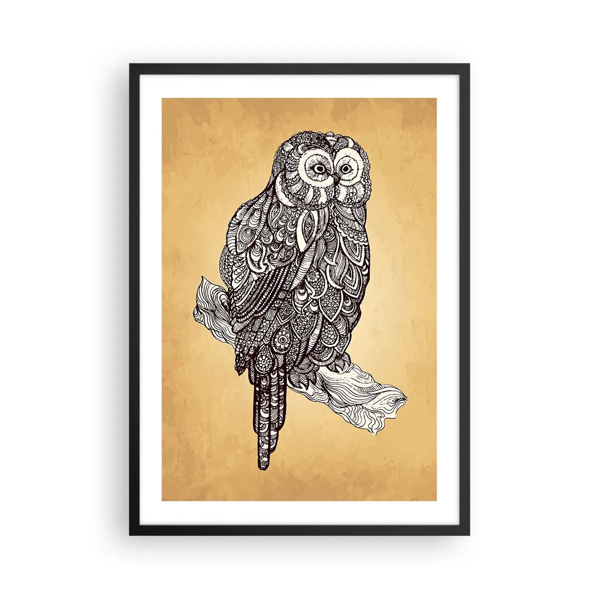 Pôster com moldura preta - Uma coruja estilizada com um padrão ornamental sobre um fundo bege. - 50x70cm - Ornamentos intrincados de sabedoria - Decoração de parede moderna para a sala de estar e quarto ARTTOR