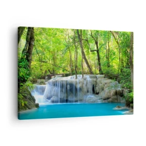 Quadro em tela - Uma cachoeira entre árvores verdes com água azul em um ambiente natural - 70x50cm - Afogar-se na turquesa e vegetação - Decoração de parede moderna para a sala de estar e quarto ARTTOR