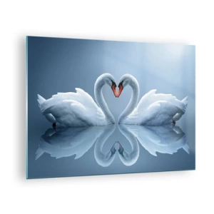 Quadro em vidro - Dois cisnes formando um coração na superfície da água - 70x50cm - Hora do amor - Decoração de parede moderna para a sala de estar e quarto ARTTOR