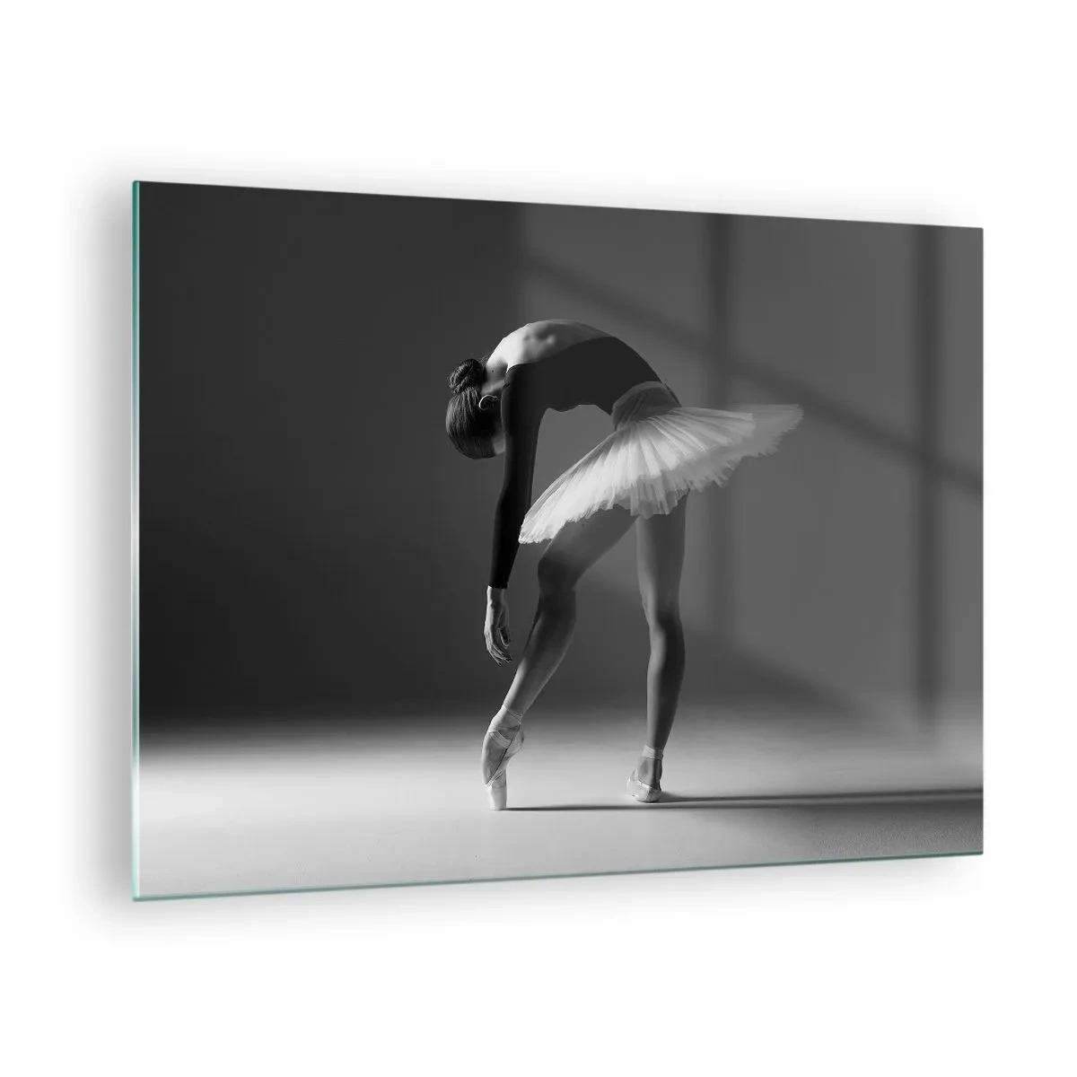 Quadro em vidro - Silhueta em preto e branco de uma bailarina em pose graciosa - 70x50cm - Bella balerina - Decoração de parede moderna para a sala de estar e quarto ARTTOR