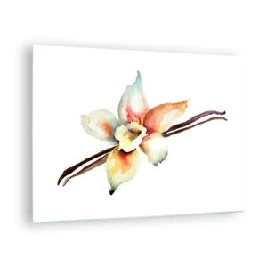 Quadro em vidro - Ilustração em aquarela de uma flor de baunilha em um fundo branco - 70x50cm - Doçura derramada com tinta - Decoração de parede moderna para a sala de estar e quarto ARTTOR