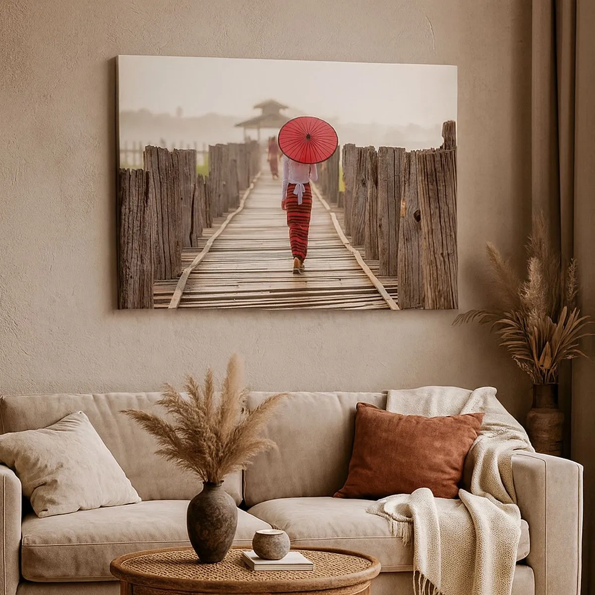 Quadro em tela - Uma mulher com um guarda-chuva vermelho em uma ponte de madeira - 70x50cm - Na ponte velha - Decoração de parede moderna para a sala de estar e quarto ARTTOR
