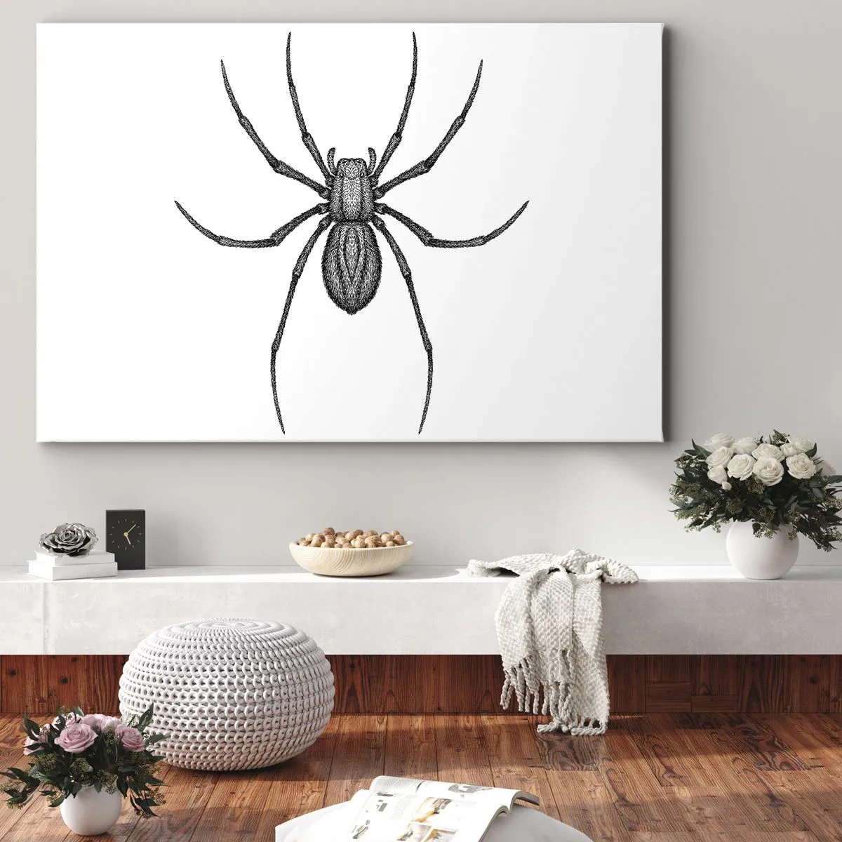 Quadro em tela - Detalhe de uma aranha em um fundo branco em estilo cartoon - 70x50cm - Precisão perturbadora - Decoração de parede moderna para a sala de estar e quarto ARTTOR