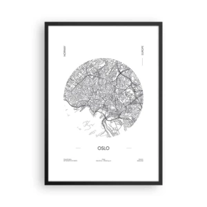 Pôster com moldura preta - Um mapa minimalista em preto e branco de Oslo - 50x70cm - Anatomia de Oslo - Decoração de parede moderna para a sala de estar e quarto ARTTOR