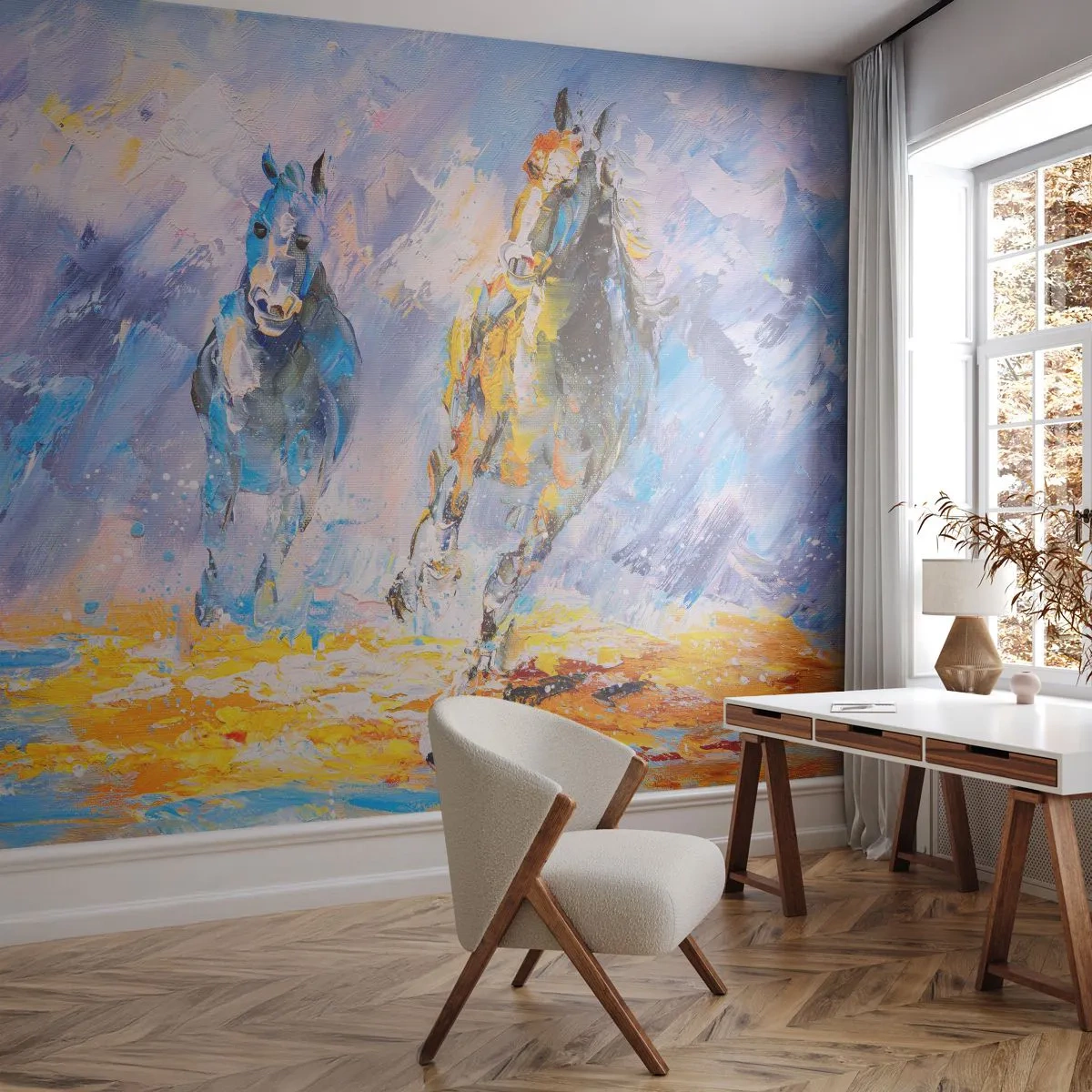 Papel de Parede Premium Canvas - Galopando através do brilho - Animais, Cavalos, Impressionismo - 400x280 cm
