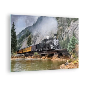 Quadro em vidro - Uma locomotiva a vapor em uma ponte nas montanhas - 70x50cm - Para onde? Onde? - Decoração de parede moderna para a sala de estar e quarto ARTTOR