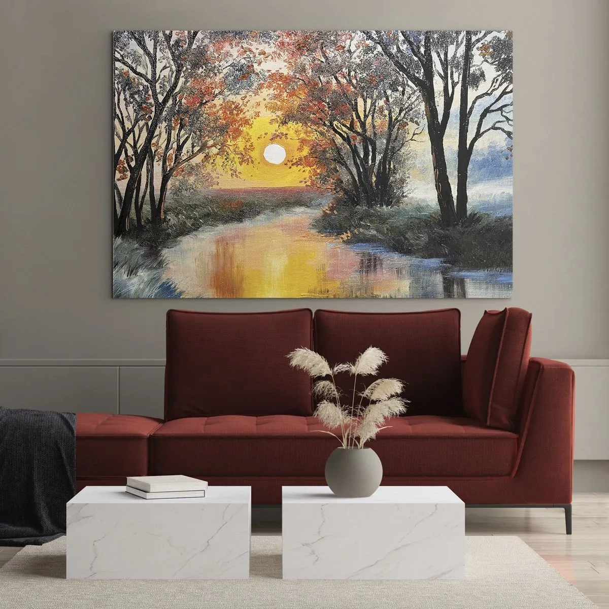 Quadro em vidro - Pôr do sol sobre o rio entre as árvores - 70x50cm - Vibrações de outono - Decoração de parede moderna para a sala de estar e quarto ARTTOR