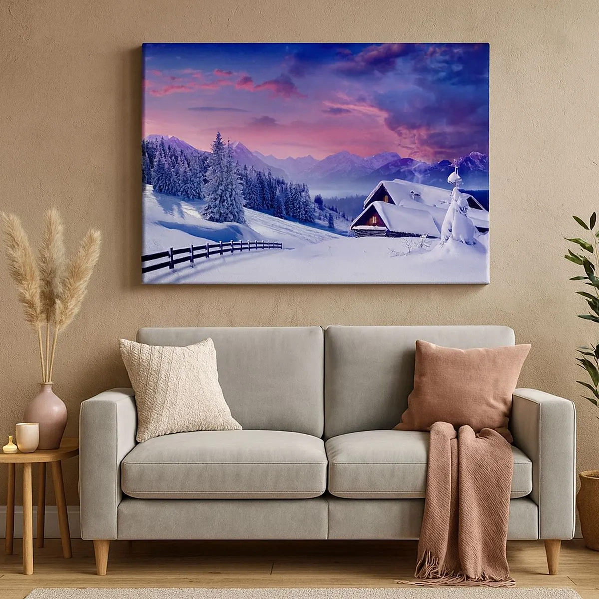 Quadro em tela - Paisagem de inverno com chalés de montanha ao pôr do sol - 70x50cm - Noite silenciosa - Decoração de parede moderna para a sala de estar e quarto ARTTOR