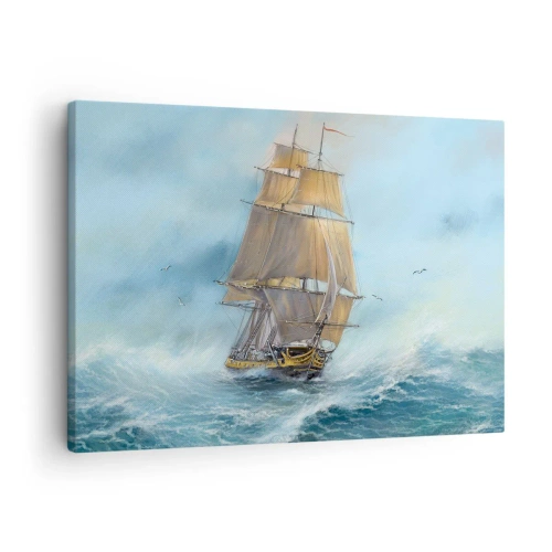 Quadro em tela - Um veleiro em um mar tempestuoso - 70x50cm - Correndo sobre as ondas - Decoração de parede moderna para a sala de estar e quarto ARTTOR