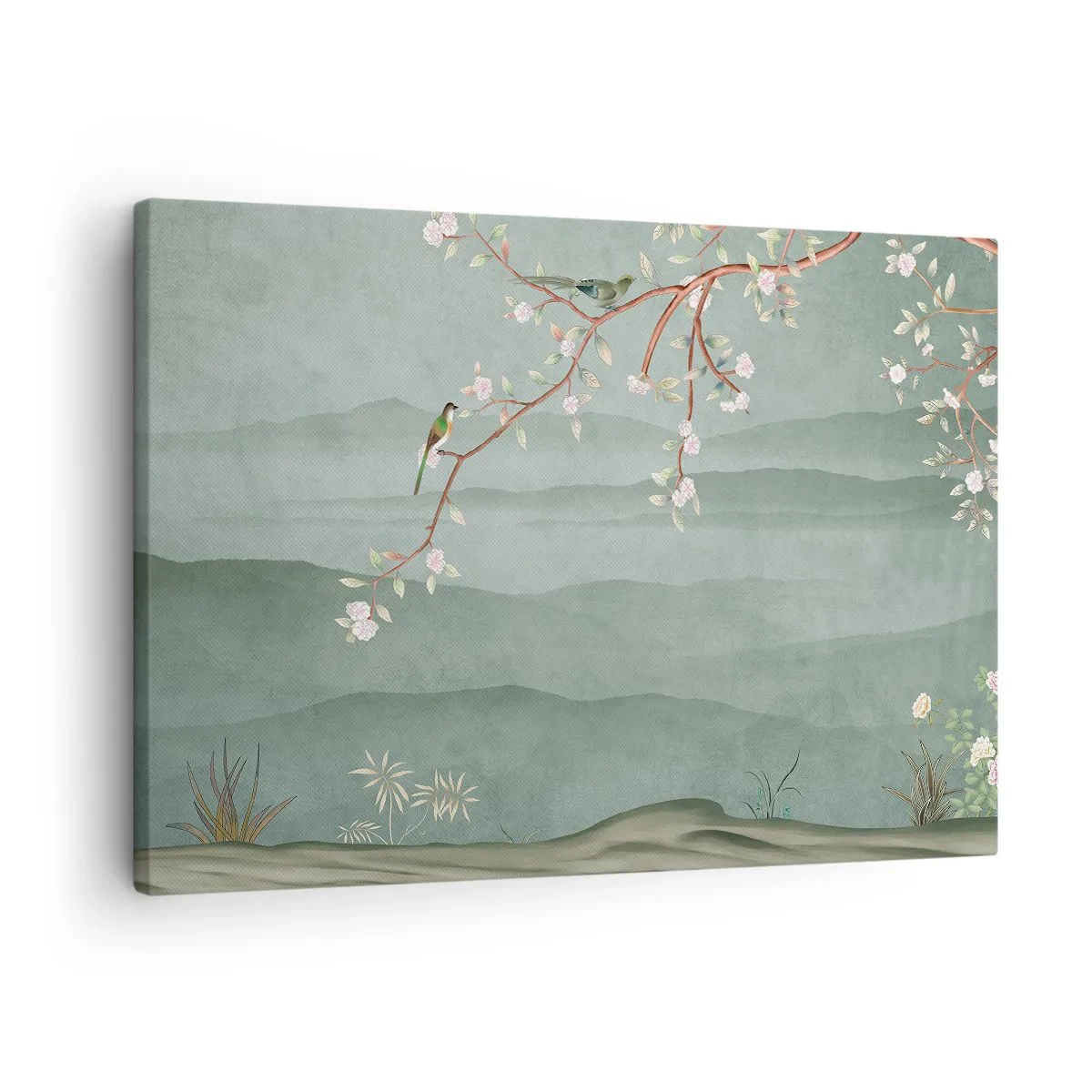 Quadro em tela - Uma imagem pitoresca de um galho de árvore florido com pássaros tendo como pano de fundo colinas verdes. - 70x50cm - Primavera, oh, és tu - Decoração de parede moderna para a sala de estar e quarto ARTTOR