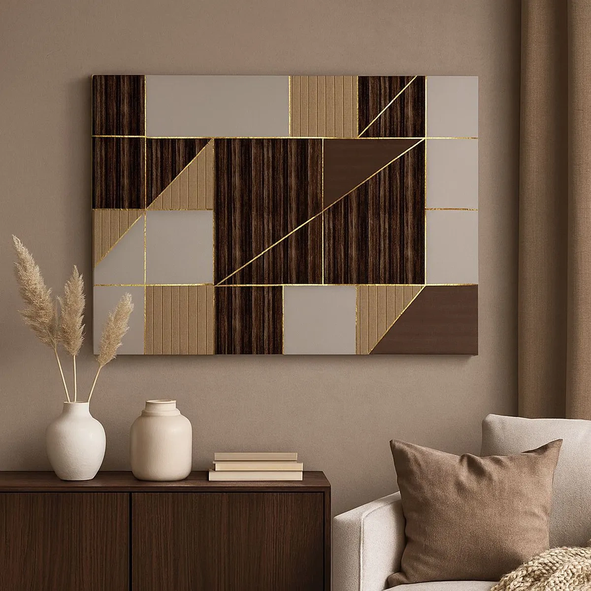Quadro em tela - Padrões geométricos em tons de marrom com linhas douradas - 70x50cm - Mosaico de bronzes e ouro - Decoração de parede moderna para a sala de estar e quarto ARTTOR