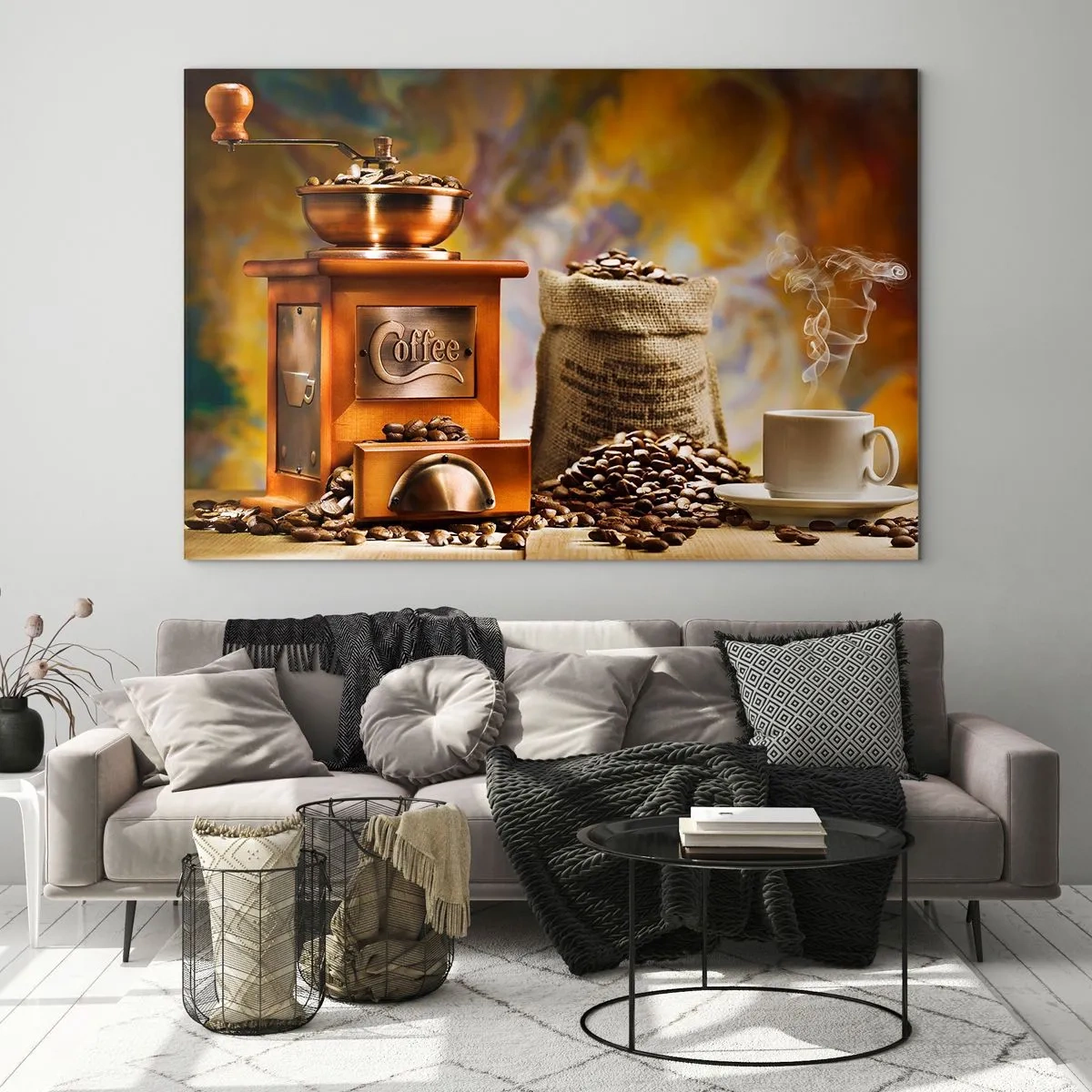Quadro em vidro - Moedor de café, grãos e uma xícara sobre uma mesa de madeira - 70x50cm - A trituração do grão, o ruído do moedor - Decoração de parede moderna para a sala de estar e quarto ARTTOR