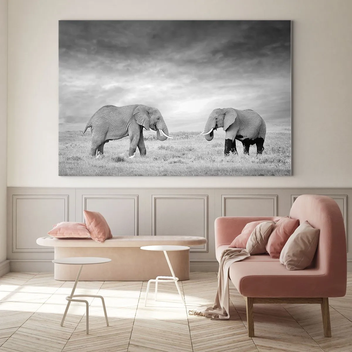 Quadro em vidro - Dois elefantes na savana em tons de preto e branco - 70x50cm - O cinza é belo - Decoração de parede moderna para a sala de estar e quarto ARTTOR