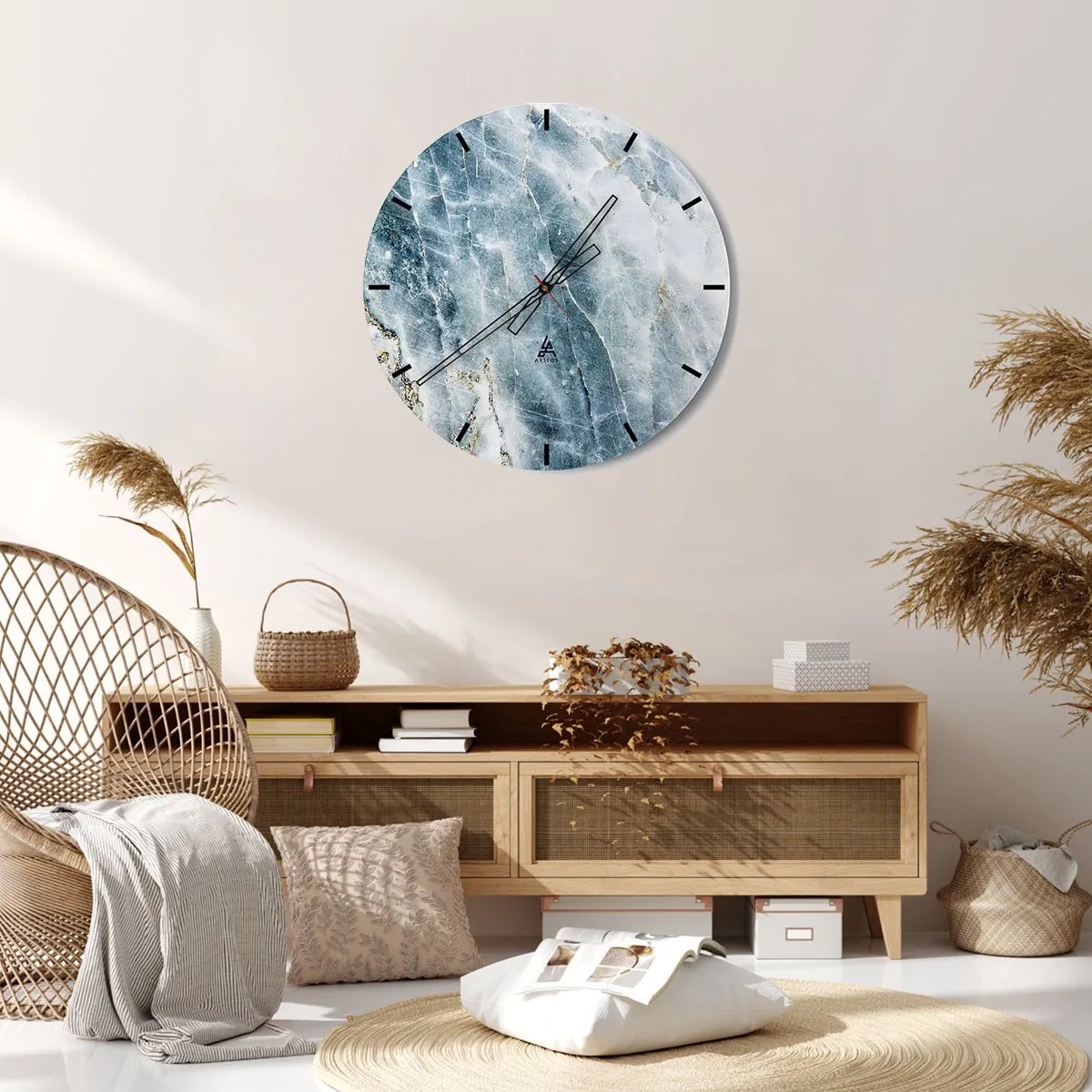 Relógio de parede - Relógio em vidro - Textura de mármore em tons de azul e cinza com delicados detalhes dourados - 30x30cm - O mundo do Gelo - Decoração de parede moderna para a sala de estar, cozinha e quarto ARTTOR