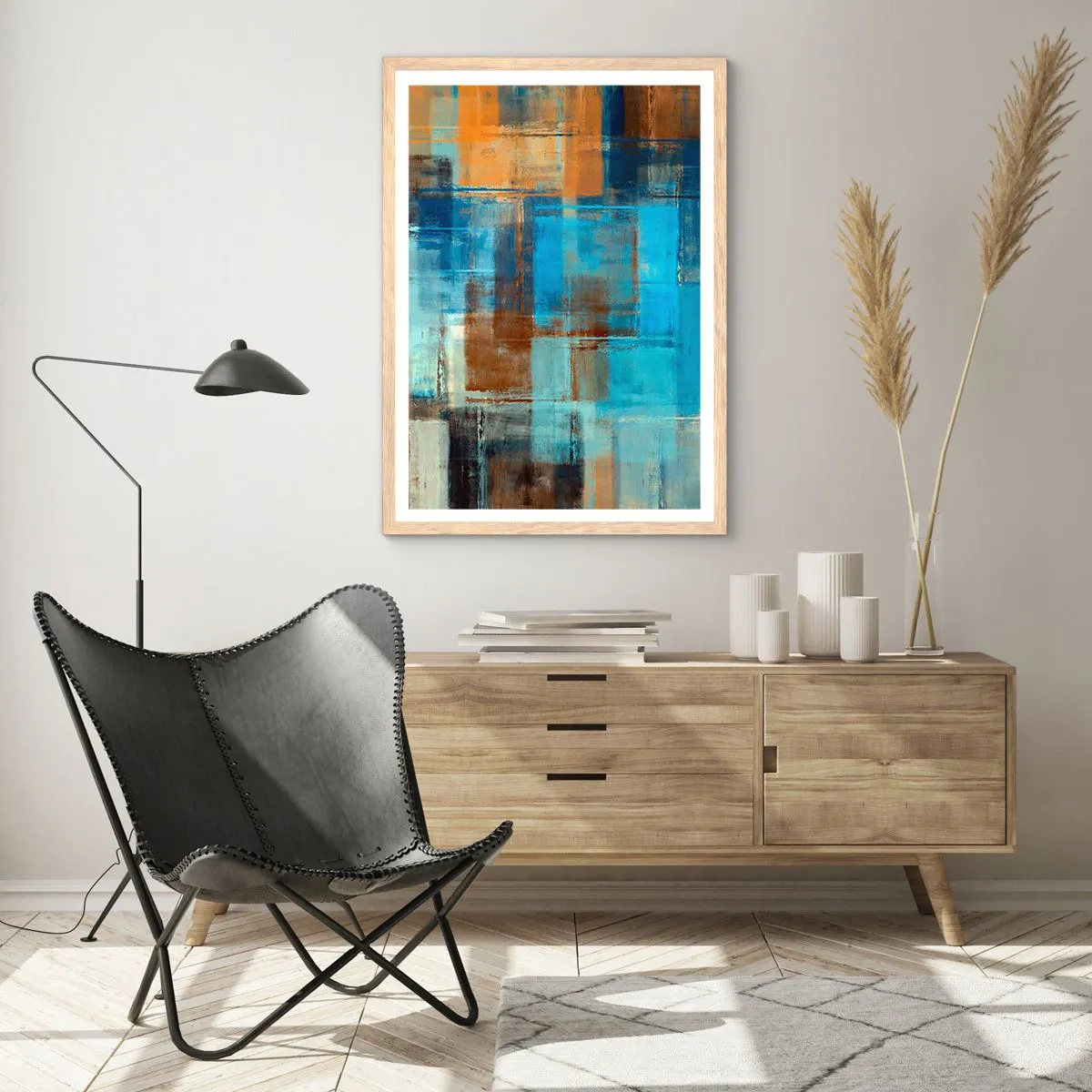 Pôster com moldura de carvalho claro - Através da cortina azul - 70x100 cm