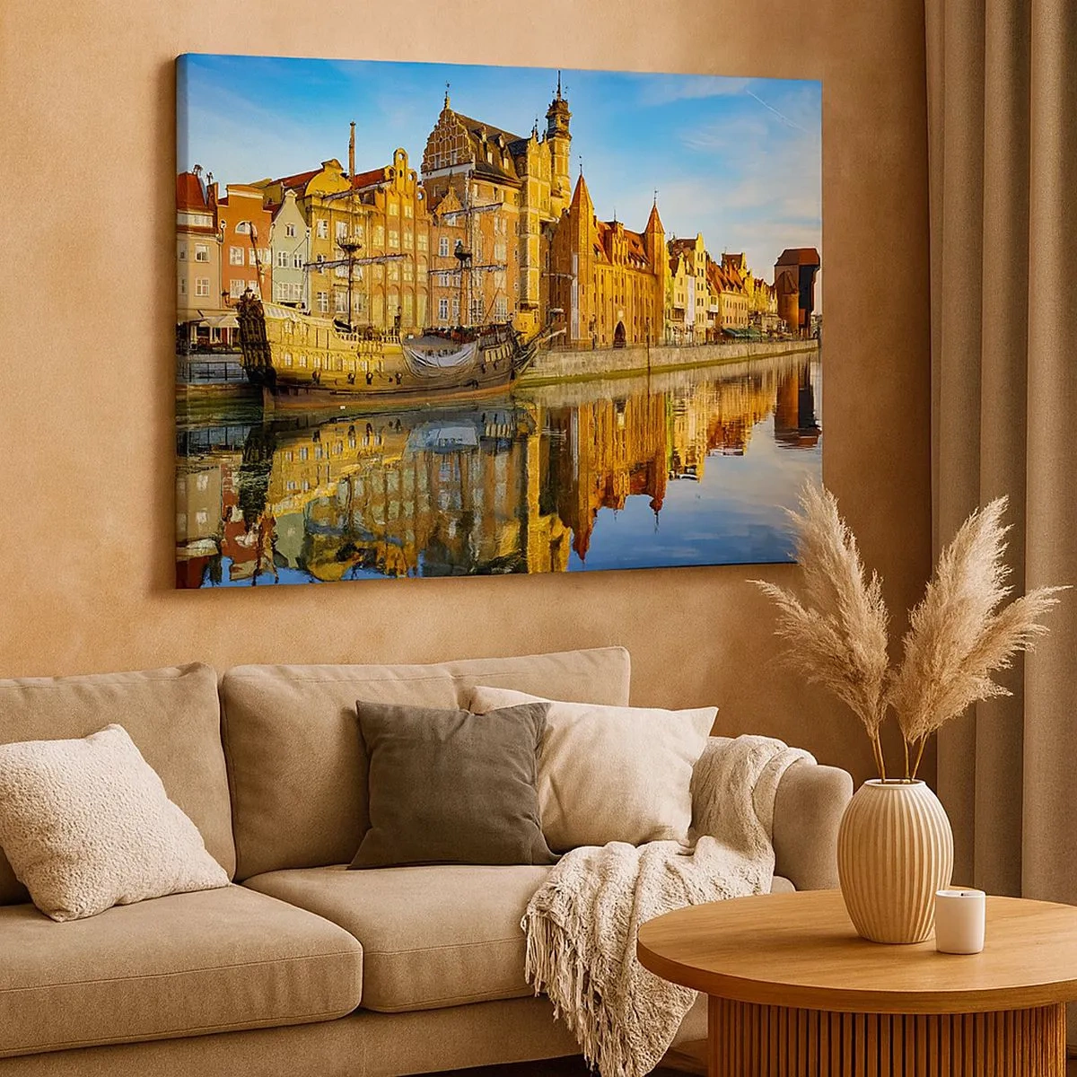 Quadro em tela - Uma vista pitoresca da cidade velha com um veleiro e água - 70x50cm - Imagem espelhada do passado - Decoração de parede moderna para a sala de estar e quarto ARTTOR