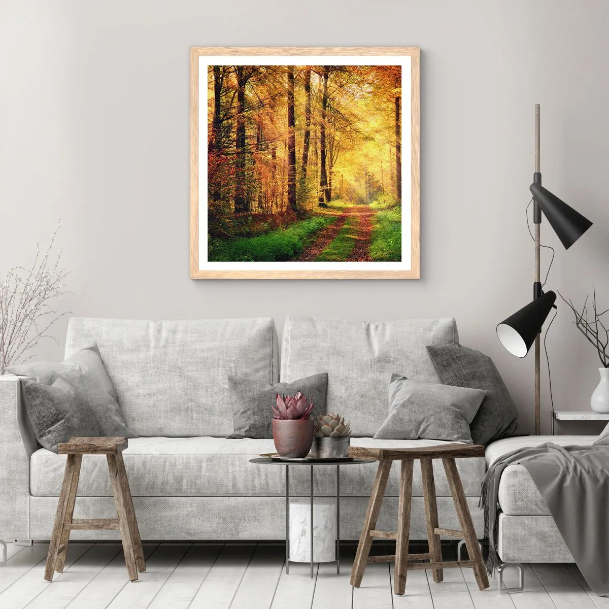Pôster com moldura de carvalho claro - Silêncio dourado da floresta - 40x40 cm