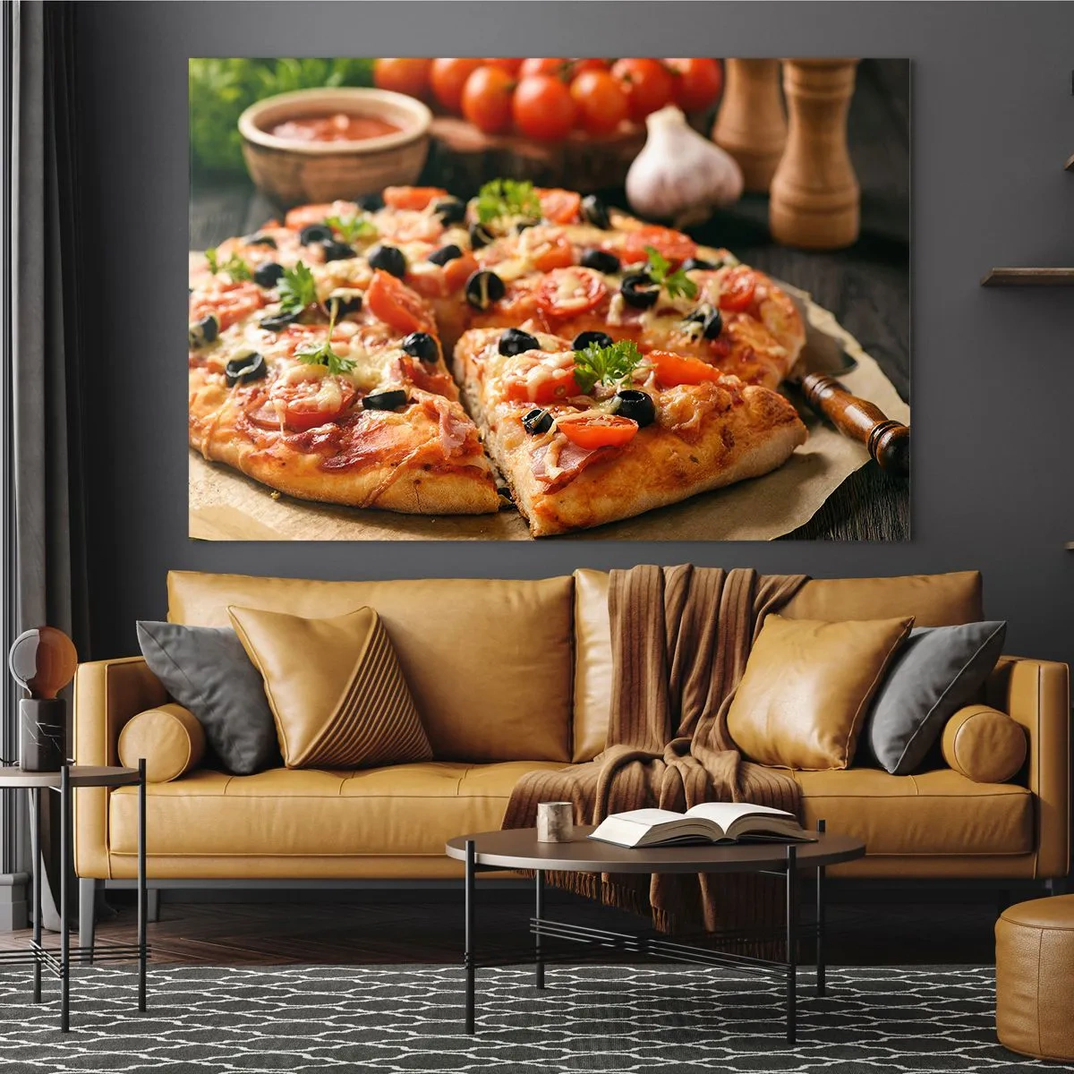 Quadro em vidro - Pizza apetitosa com tomate, azeitonas e ervas - 70x50cm - Direto do forno - Decoração de parede moderna para a sala de estar e quarto ARTTOR
